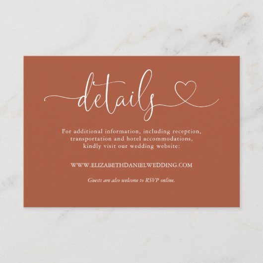 Terracotta Hart Script Bruiloft Details Informatiekaartje (Voorkant)
