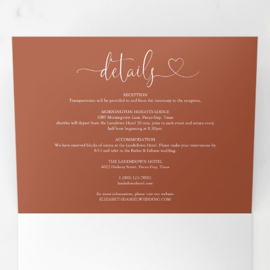 Terracotta Hart Script Bruiloft Drieluik Uitnodiging (Binnenzijde eerst)