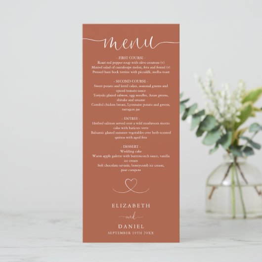Terracotta Hart Script Trouwdiner Menu (Staand voorkant)