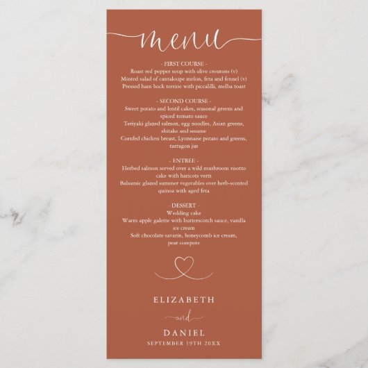 Terracotta Hart Script Trouwdiner Menu (Voorkant)