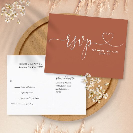 Terracotta Heart Script Song Request RSVP-kaart Uitnodiging Briefkaart