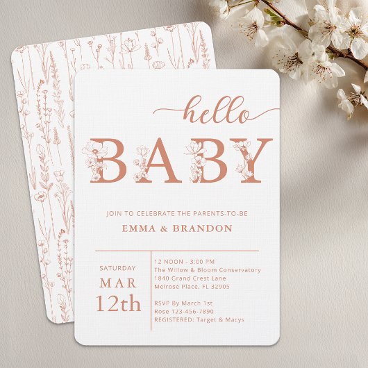 Terracotta Hello Baby Wildflower Uitnodiging