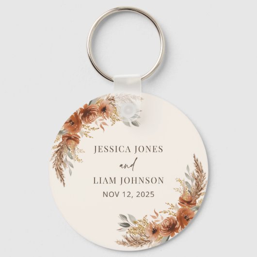 Terracotta Herfst Bloem Boho Rustieke Trouwgunsten Sleutelhanger (Voorkant)