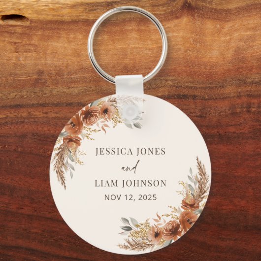 Terracotta Herfst Bloem Boho Rustieke Trouwgunsten Sleutelhanger (Voorkant)