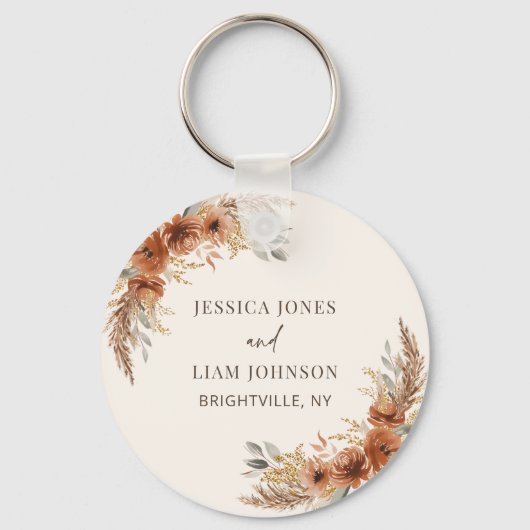 Terracotta Herfst Bloem Boho Rustieke Trouwgunsten Sleutelhanger (Achterkant)