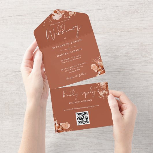 Terracotta Herfst Bloem QR Code Bruiloft All In One Uitnodiging (Afscheurbaar)