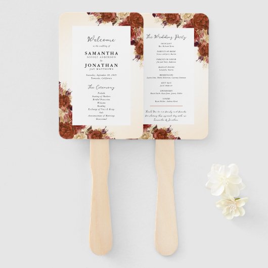 Terracotta Herfst Bloemen Handschrift Script Weddi Handwaaier (Voorkant en achterkant)