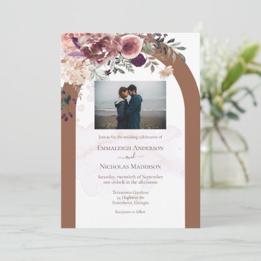 Terracotta Herfst Bloemen met Fotobruiloft Kaart (Staand voorkant)