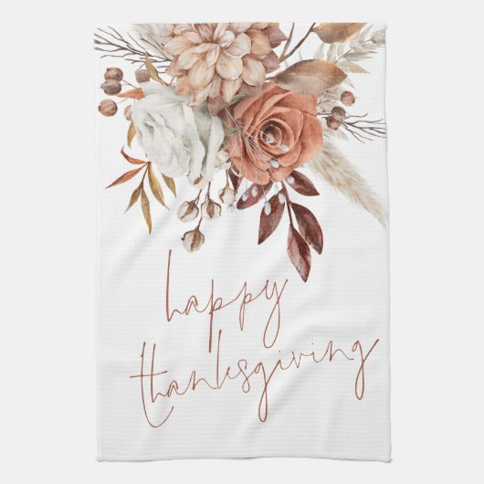 Terracotta Herfst Bloemen Script Happy Thanksgivin Theedoek (Verticaal)