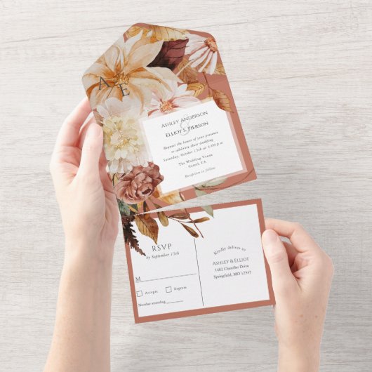 Terracotta Herfst Elegant, Herfst bruiloften All In One Uitnodiging (Afscheurbaar)