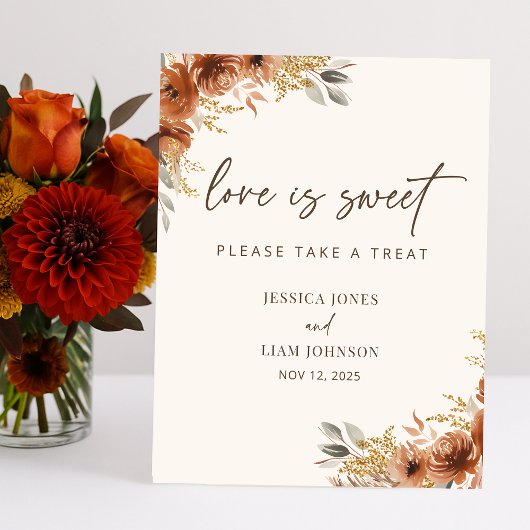 Terracotta Herfst Floral Boho Wedding Favors Sign Reclamebord Met Voetstuk
