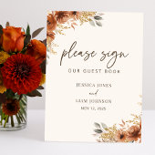 Terracotta Herfst Floral Boho Wedding Guestbook Si Reclamebord Met Voetstuk