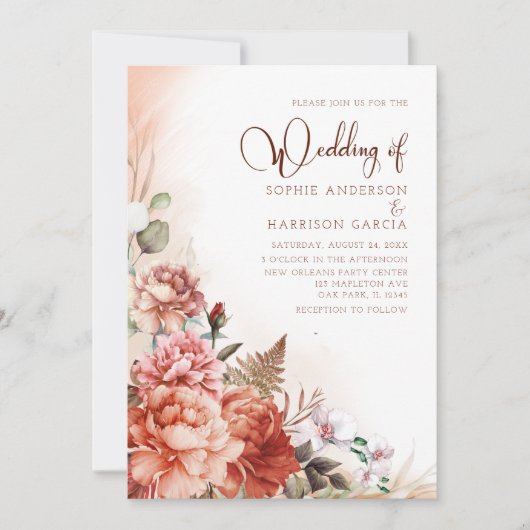 Terracotta Herfst Floral Burnt Oranje Boho Wedding Kaart (Voorkant)