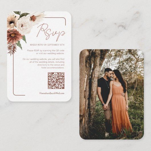 Terracotta Herfst Floral Modern QR Code RSVP Informatiekaartje (Voorkant / Achterkant)
