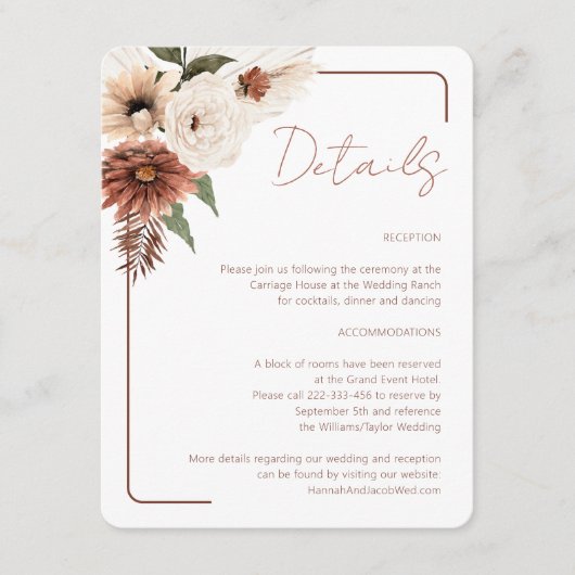 Terracotta Herfst Floral Modern Wedding Informatiekaartje (Voorkant)