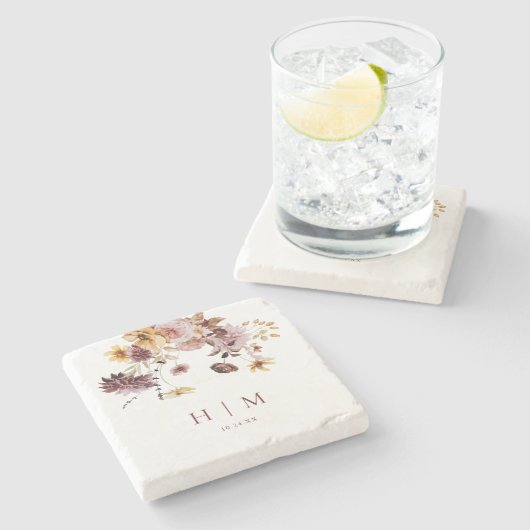 Terracotta Herfst Floral Monogram Bruiloft Stenen Onderzetter (Zijkant)