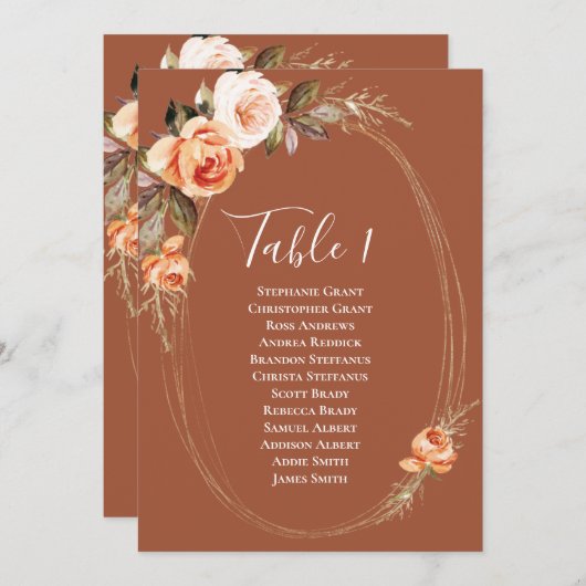 Terracotta Herfst Floral Table Number Seating Char Kaart (Voorkant / Achterkant)