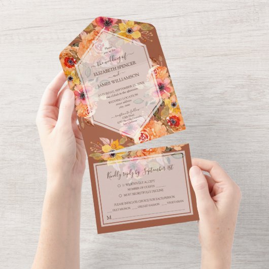 Terracotta Herfst Floral Wedding All In One Uitnodiging (Afscheurbaar)