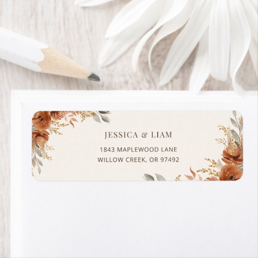 Terracotta Herfst Floral Wedding Mail Retouradres Etiket (Insitu)