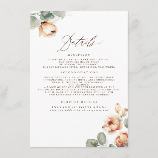 Terracotta Herfst Flowers Elegant Wedding Details Informatiekaartje (Voorkant)