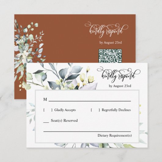 Terracotta Herfst Groen Bladeren QR Code Response  RSVP Kaartje (Voorkant / Achterkant)