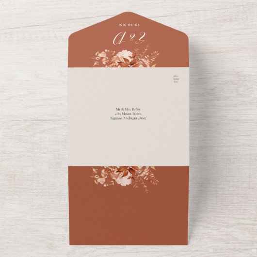 Terracotta Herfst Herfst Bloemen QR Code Bruiloft All In One Uitnodiging (Buitenkant)