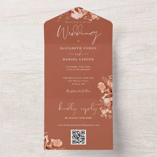 Terracotta Herfst Herfst Bloemen QR Code Bruiloft All In One Uitnodiging (Binnen)