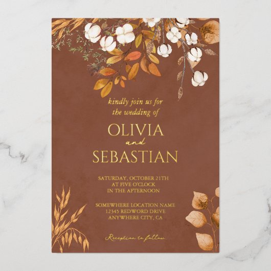 Terracotta herfst laat Boho herfst bruiloft detail Folie Uitnodiging (Voorkant)