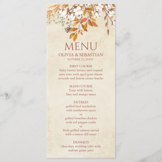 Terracotta herfst laat Boho herfst bruiloft Menu (Voorkant)