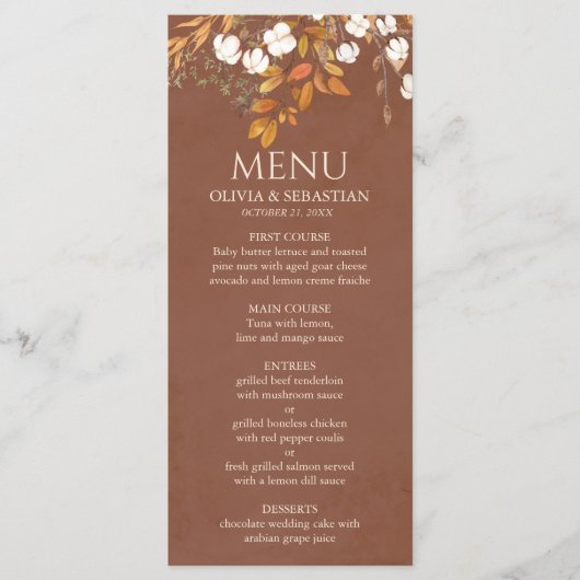 Terracotta herfst laat Boho herfst bruiloft Menu (Voorkant)