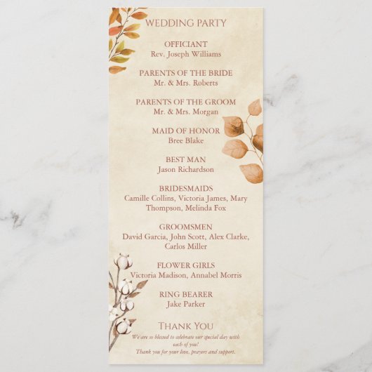 Terracotta herfst laat Boho herfst bruiloft Programmakaart (Achterkant)