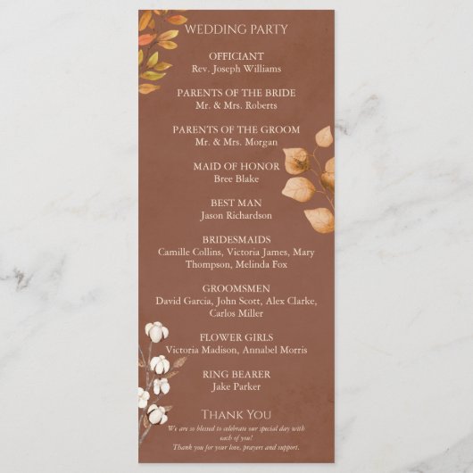 Terracotta herfst laat Boho herfst bruiloft Programmakaart (Achterkant)