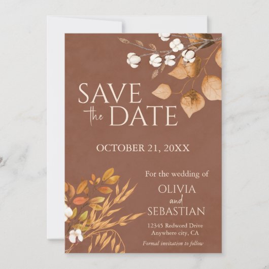Terracotta herfst laat Boho herfst bruiloft Save The Date (Voorkant)