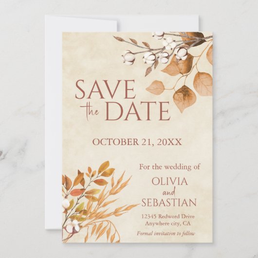Terracotta herfst laat Boho herfst bruiloft Save The Date (Voorkant)