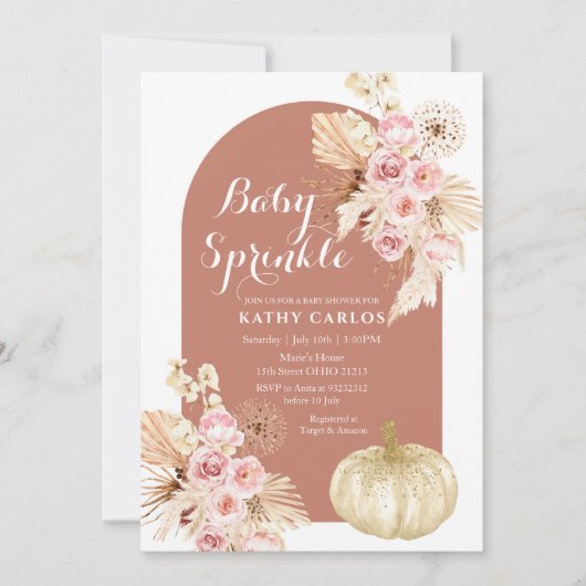 Terracotta Herfst pampas gras & pompoen uitnodigin Kaart (Voorkant)