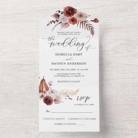 Terracotta Herfst Pompoenen Boho Bruiloft Details All In One Uitnodiging (Binnen)