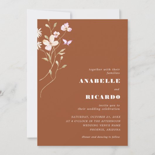 Terracotta Herfst Wildbloemen Foto QR Code Bruilof Kaart (Voorkant)