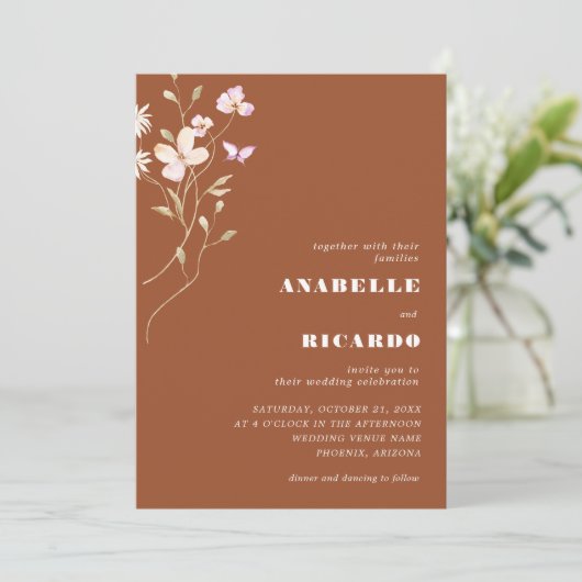 Terracotta Herfst Wildbloemen Foto QR Code Bruilof Kaart (Staand voorkant)