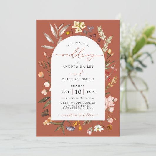 Terracotta Herfst Wildflower Boho Tuin Bruiloft Kaart (Staand voorkant)