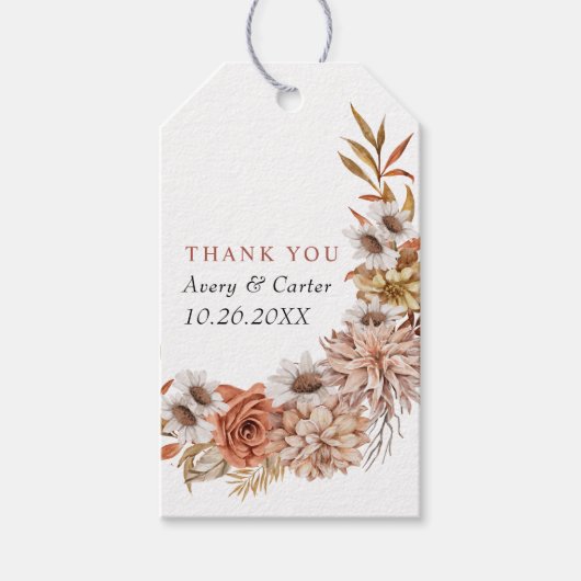 Terracotta herfstbloemen en bladeren vallen bruilo cadeaulabel (Voorkant)