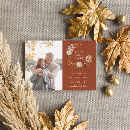 Terracotta herfstkrans trouwfoto save the date aankondigingskaart