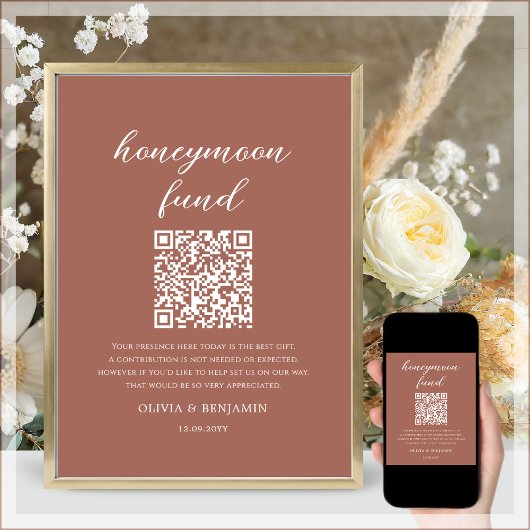 Terracotta Honeymoon Fund QR Code Wedding Sign Poster