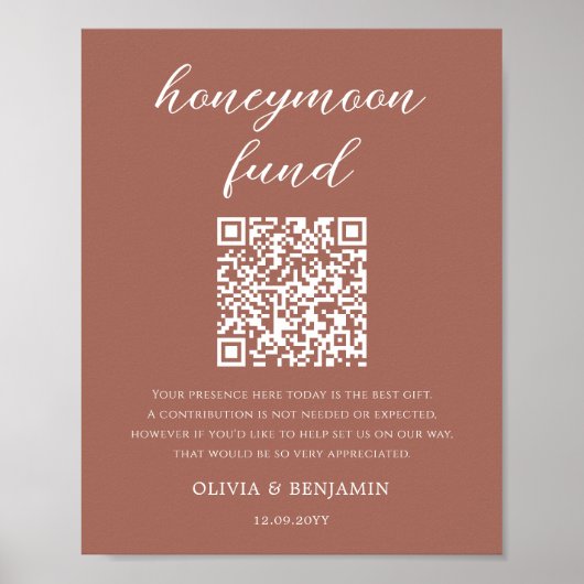 Terracotta Honeymoon Fund QR Code Wedding Sign Poster (Voorkant)