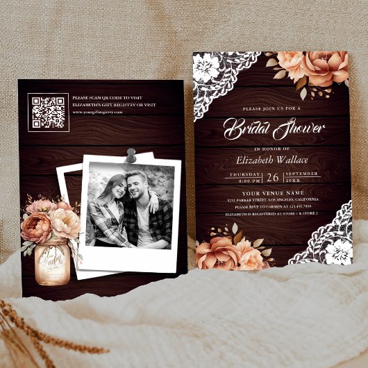 Terracotta Hout Bloem Foto QR Code Bruidsfeest Kaart