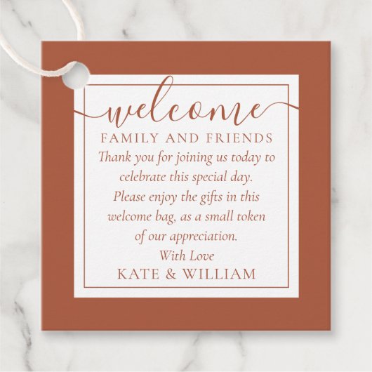 Terracotta huwelijksmand met tas bedankjes labels (Voorkant)