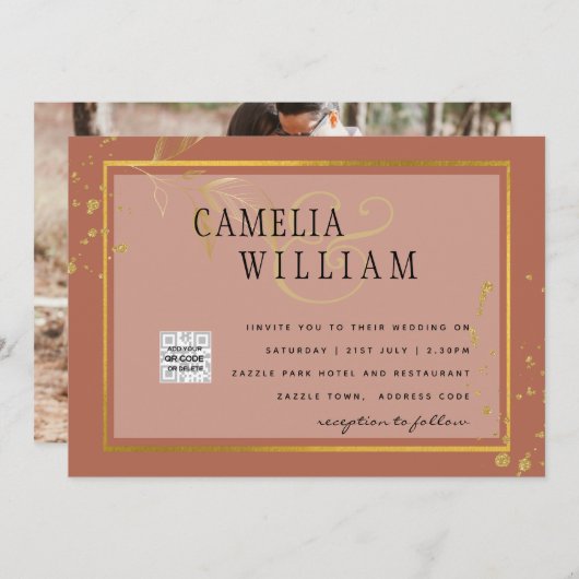 Terracotta Huwelijksuitnodiging QR-code Bewaar de  (Voorkant / Achterkant)