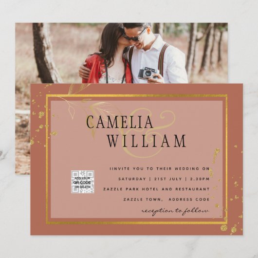 Terracotta HUWELIJKSUITNODIGING QR CODE Datum rese (Voorkant / Achterkant)