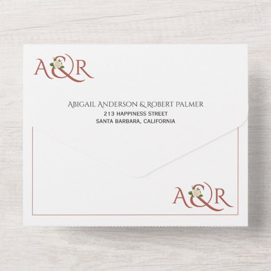 Terracotta initialen en ampersand, roos bruiloft all in one uitnodiging (Achterkant)