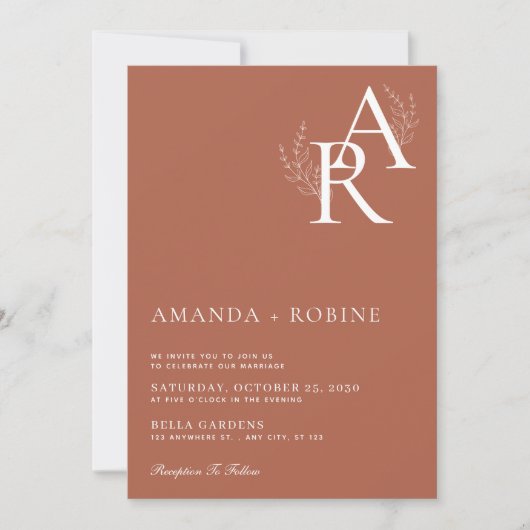 Terracotta Initialen huwelijksuitnodiging Kaart (Voorkant)