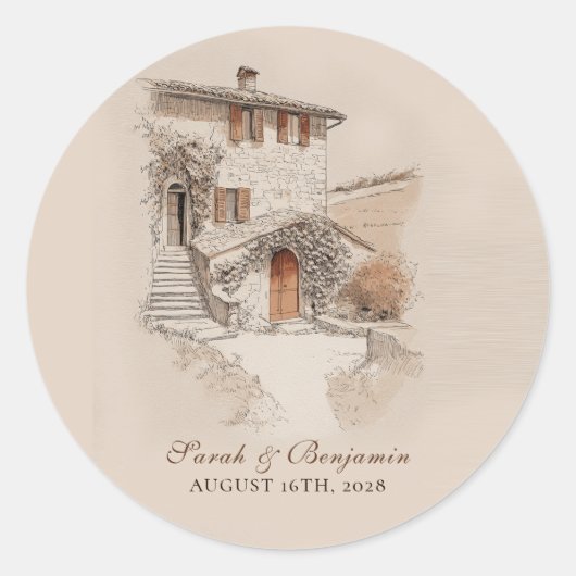 Terracotta Italiaanse Villa Schets Bruiloft Ronde Sticker (Voorkant)